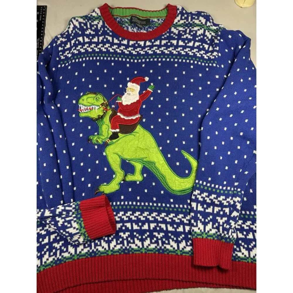 33 Degrees Santa Riding T-Rex Ugly Christmas Sweater Mens XL Blue Holiday